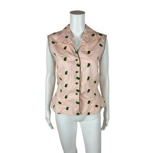Vintage 50s Floral Blouse Women's Large Pink Green Embroidered Sleeveless Top